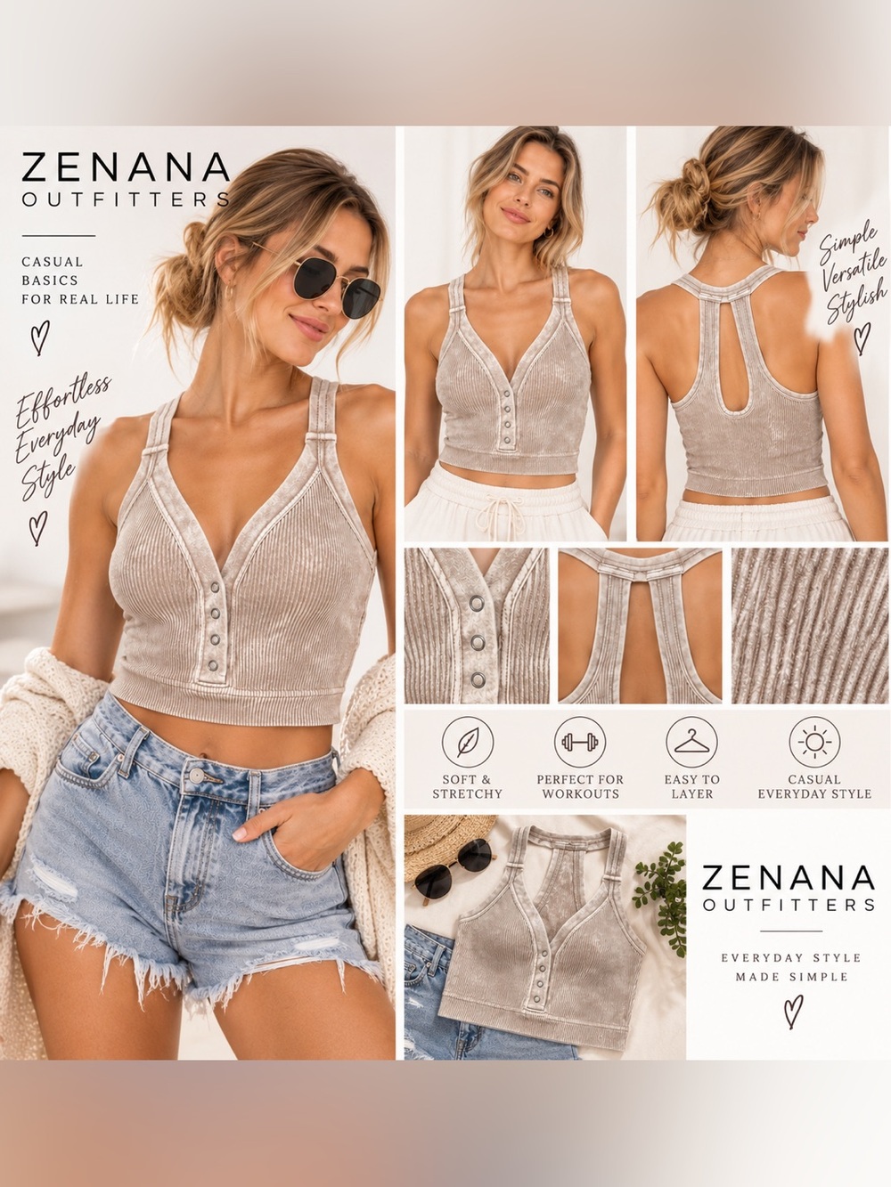 Zenana Outfitters Ribbed Acid Wash Snap Front Crop Tank Top S New